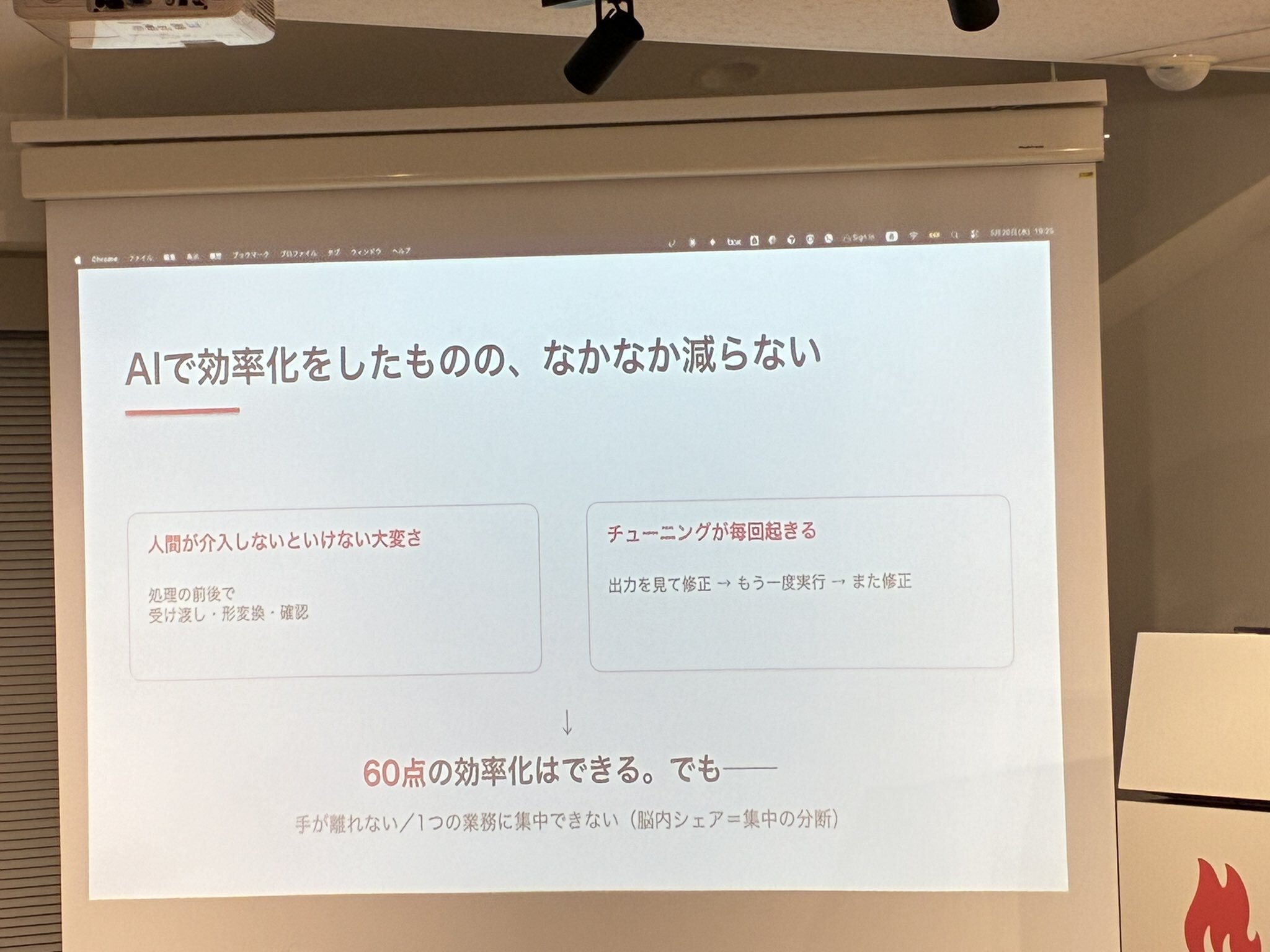 「60点の効率化はできる。でも──」人間の介入やチューニングの必要性を示すスライド